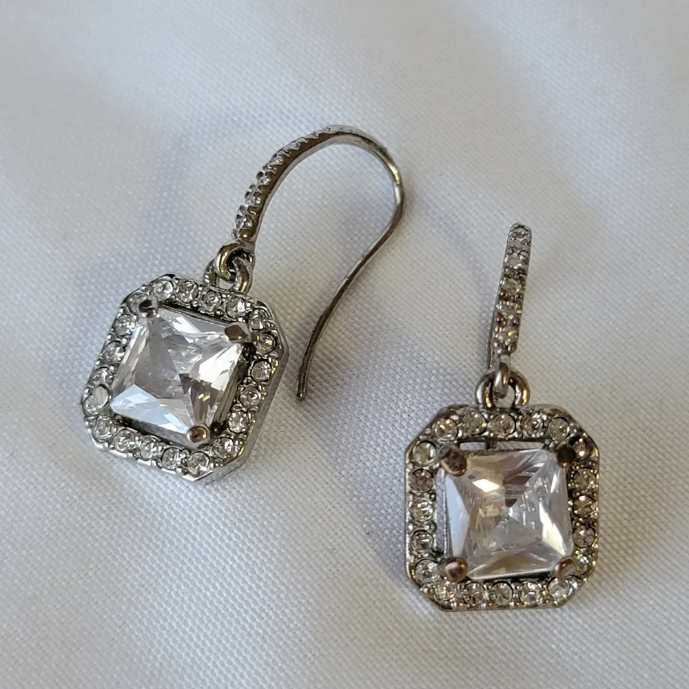 Diamond Drop Earrings Silver Tone Blingy